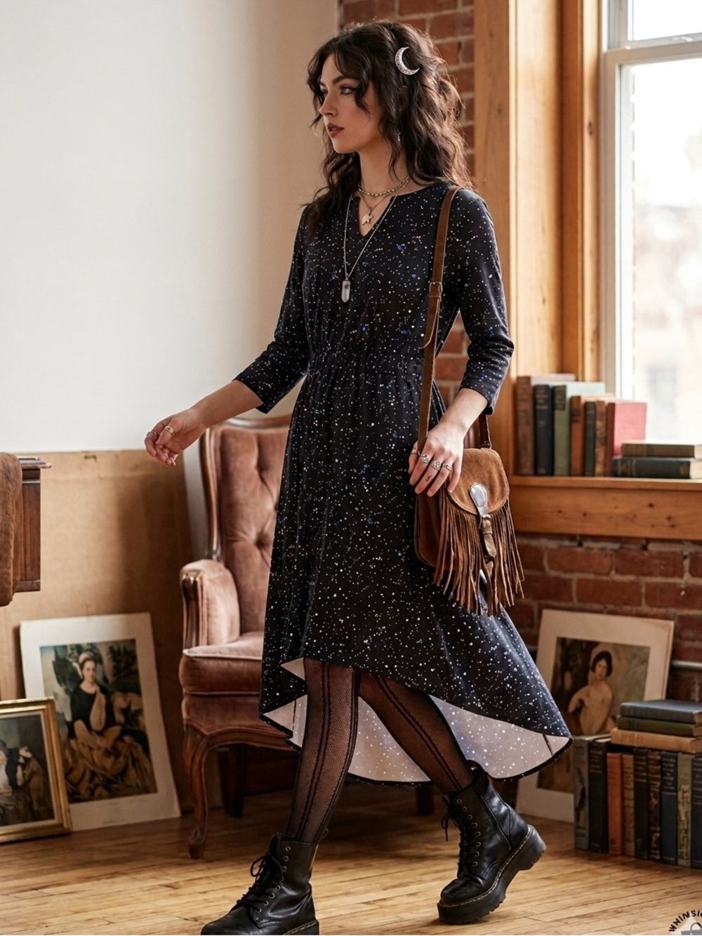 Celestial Indie Splatter Satin Midi Dress High low XS whimsigoth